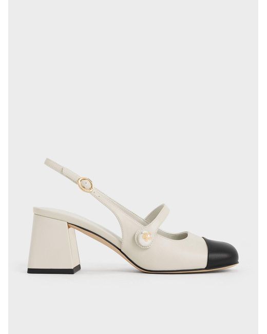 Charles & Keith Natural Pearl Embellished Trapeze-heel Slingback Pumps