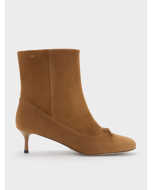 Charles & Keith Brown Aretha Suede Bow Kitten-heel Calf Boots