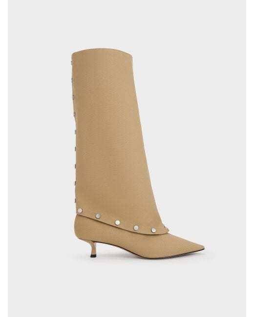 Charles & Keith White Gael Twill Studded Convertible Kitten-Heel Knee-High Boots