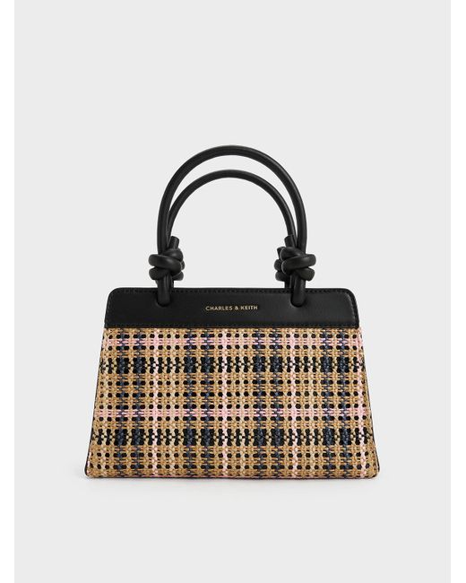 Charles & Keith White Sabine Tartan Knotted-Handle Tote Bag