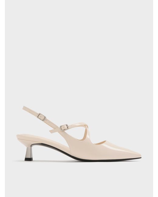 Charles & Keith White Pauline Patent Crossover Kitten Heels