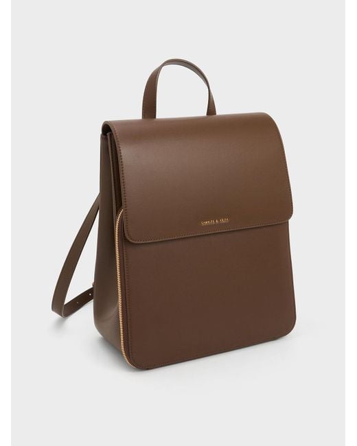 Charles & Keith Brown Front Flap Structured Backpack
