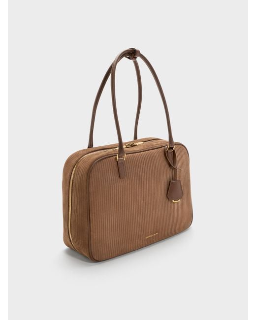 Charles & Keith Brown Large Sianna Corduroy Bowling Bag