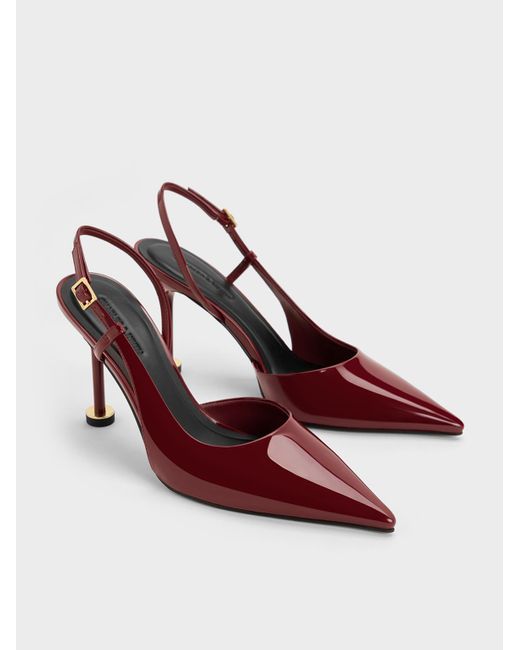 Charles & Keith Red Patent Pointed-Toe Sculptural-Heel Slingback Pumps