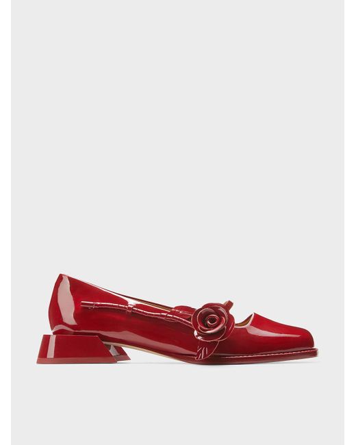 Charles & Keith Red Chloris Patent Leather Rose-embellished Mary Jane Pumps