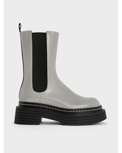 Charles & Keith Black Stitch-Trim Platform Mid-Calf Chelsea Boots