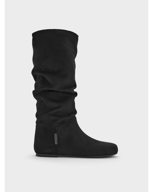 Charles & Keith Black Faux Suede Ruched Knee-High Boots