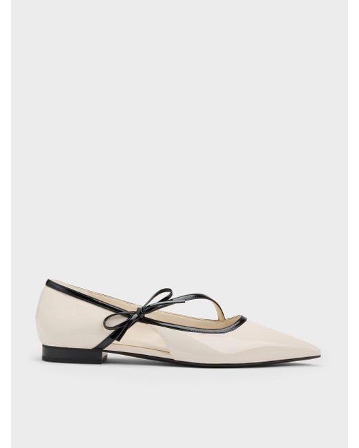 Charles & Keith White Patent Contrast-trim Pointed-toe Bow-strap Flats