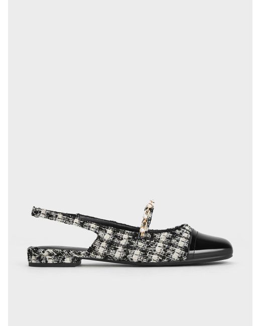 Charles & Keith White Rio Tweed Beaded Chain-Link Slingback Flats