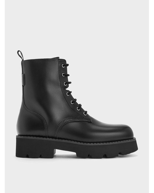 Charles & Keith Black Ridged-sole Lace-up Combat Boots