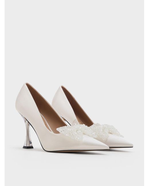 Charles & Keith White Recycled Polyester Beaded Bow Pumps
