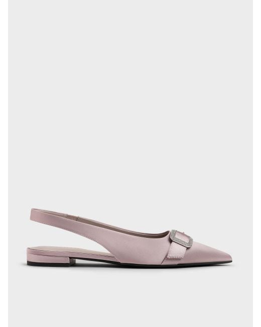 Charles & Keith White Satin Crystal-Buckle Slingback Flats