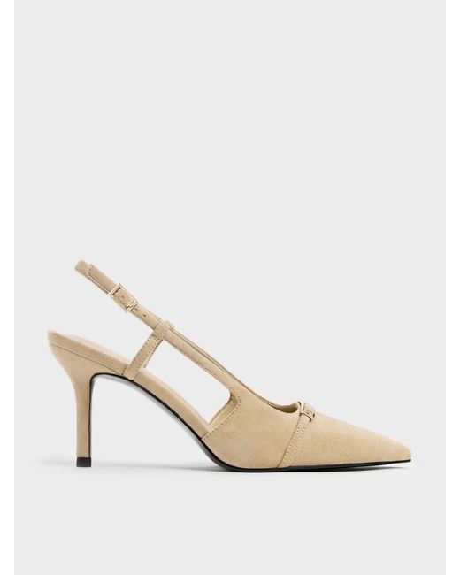 Charles & Keith White Faux Suede Metallic-Bar Pointed Slingback Pumps