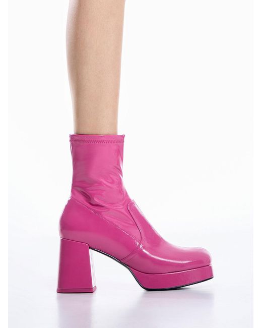Charles & Keith Pink Patent Crinkle-effect Block-heel Boots