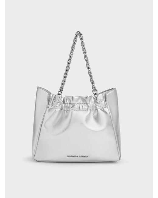 Charles & Keith White Brigette Ruched Glittered Chain-handle Shoulder Bag