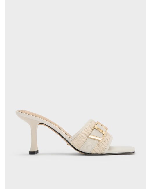 Charles & Keith Natural Whitney Leather & Raffia Buckled Heeled Mules