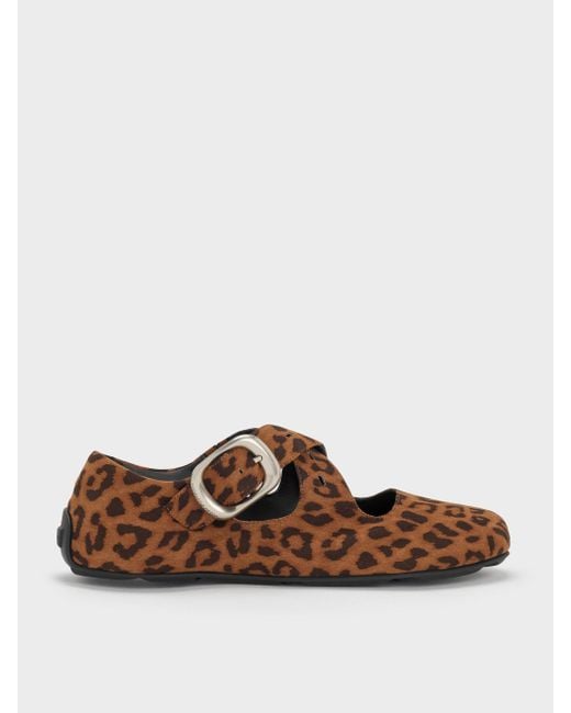 Charles & Keith Brown Faux Suede Leopard-Print Crossover-Strap Mary Janes