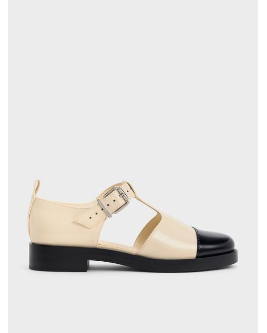 Charles & Keith White Charly Two-tone T-bar Buckled Sandals