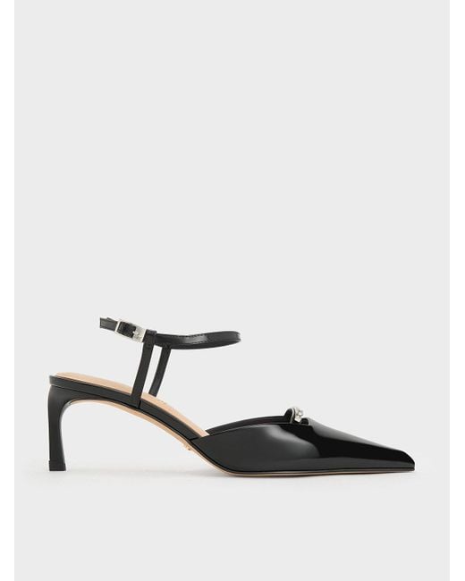 Charles & Keith White Leather Kitten-Heel Ankle-Strap Pointed-Toe Pumps