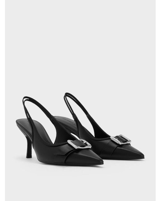 Charles & Keith Black Buckled Pointed-toe Slingback Pumps