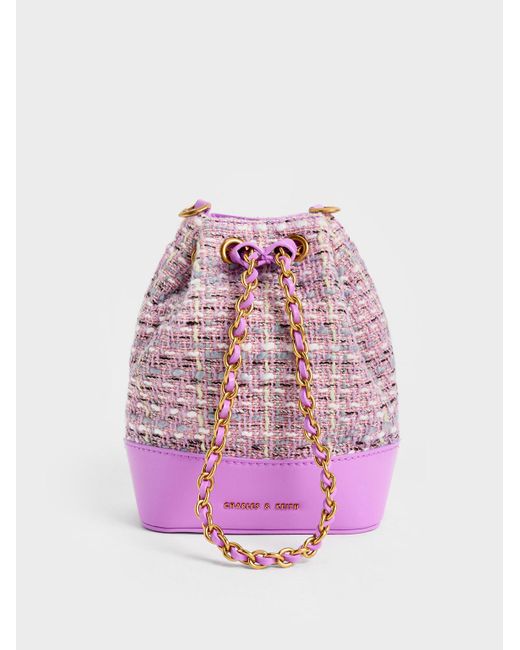 Charles & Keith Dancer Tweed Drawstring Bucket Bag in Pink Lyst