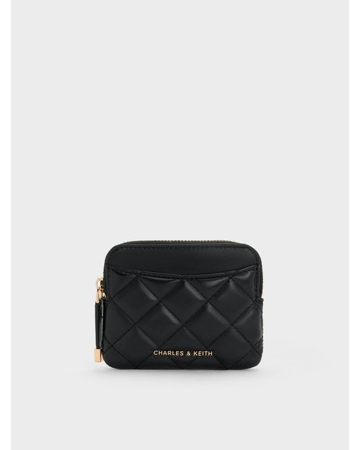 Charles & Keith Black Alva Quilted Top-Zip Card Holder