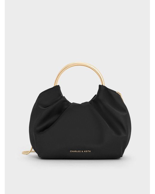 Charles & Keith Black Satin Ruched Ring-Handle Bag