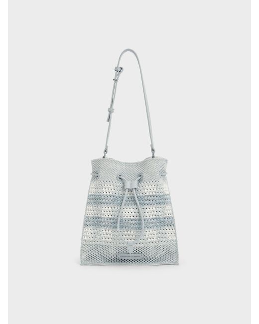 Charles & Keith White Ida Checkered Knitted Bucket Bag