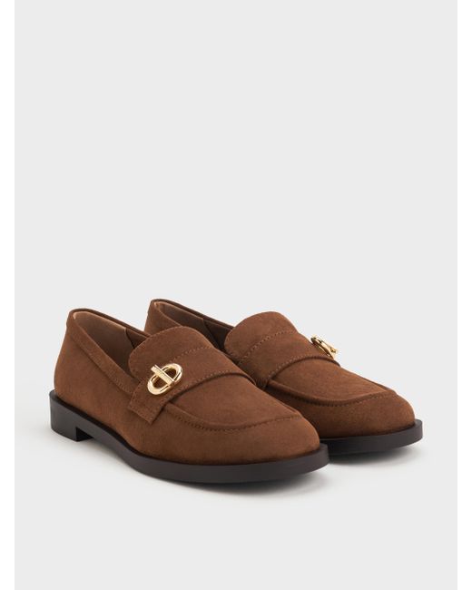 Charles & Keith Brown Marley Faux Suede Metallic-accent Loafers