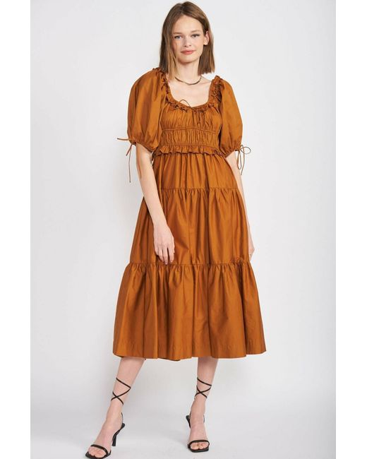 En Saison Poplin Tiered Midi Dress in Brown | Lyst
