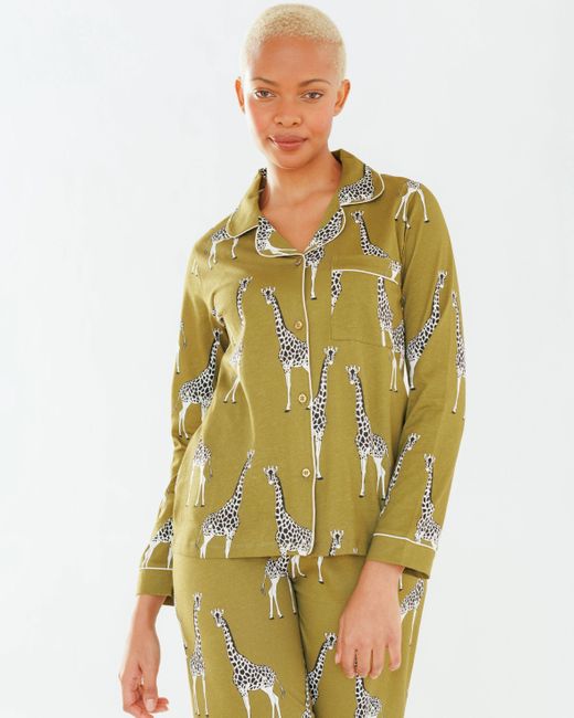Chelsea Peers NYC Organic Cotton Khaki Giraffe Print Long Pyjama Set in  Green | Lyst