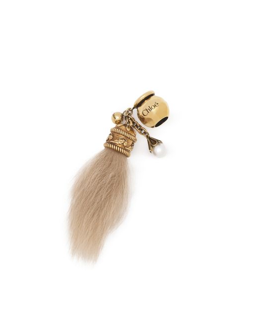 Chloé White Sphere Shearling Tail Dice Charm For Bracelet Bag In Brass