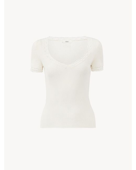 Top Ajustado Con Cuello Redondo De Punto De Lana Y Encaje Blanco 100% Lana Chloé de color White