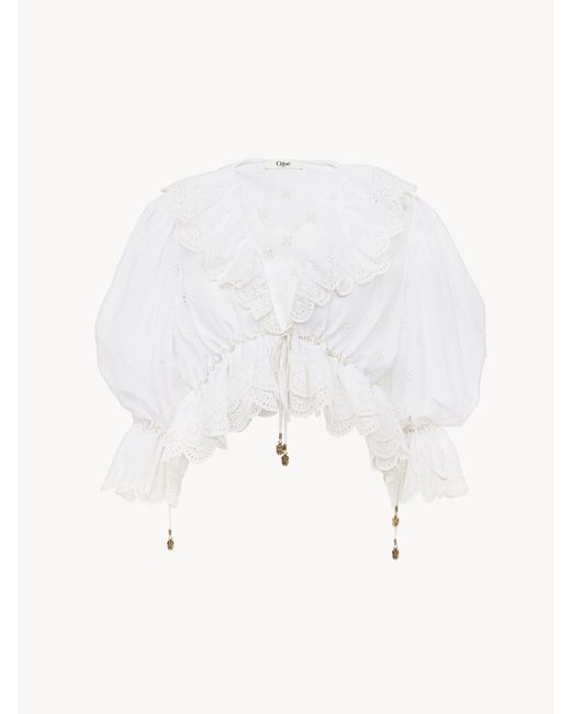Top De Volantes Con Cuello En V De Velo De Algodón Blanco 100% Algodón Chloé de color White