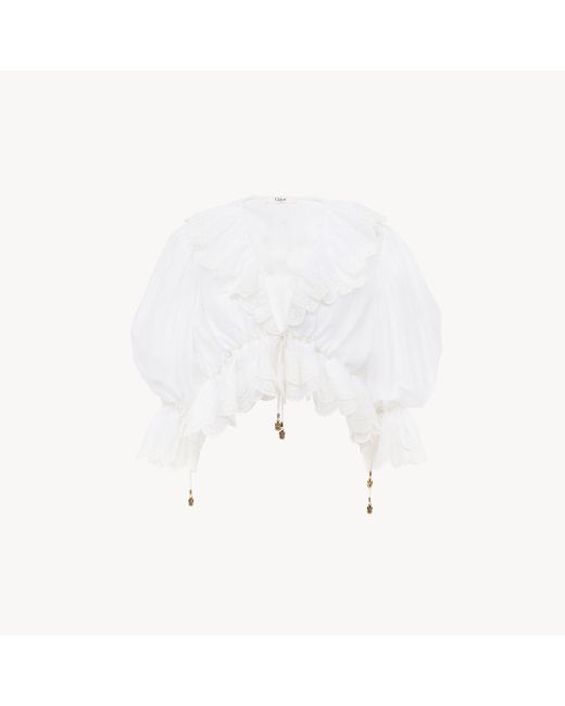 Chloé White V-Neck Ruffle Top