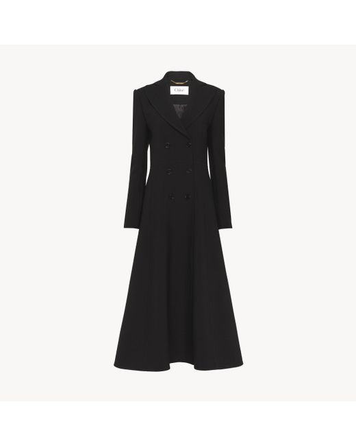 Chloé Black Tailliert geschnittener langer zweireihiger Mantel aus Woll-Crêpe