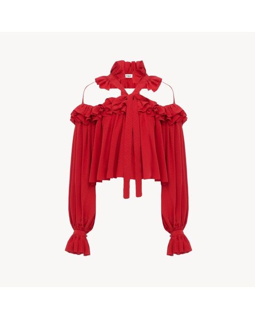 Chloé Red Cut-Out Ruffled Top