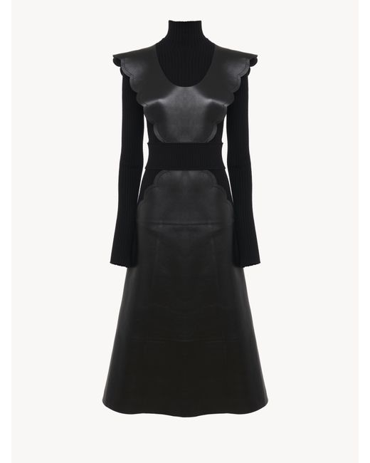 Chloé Leather Scalloped Midi Dress in Black | Lyst