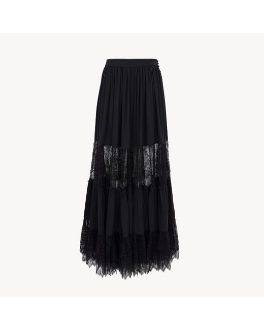 Chloé Black Tiered Long Skirt In Silk Georgette & Lace