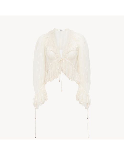 Chloé White V-Neck Ruffle Top