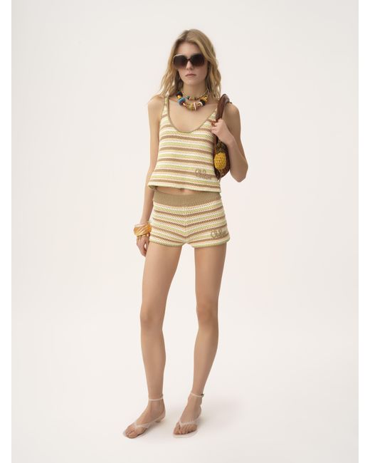 Mini short taille haute en crochet de coton à logo Chloé en coloris Natural