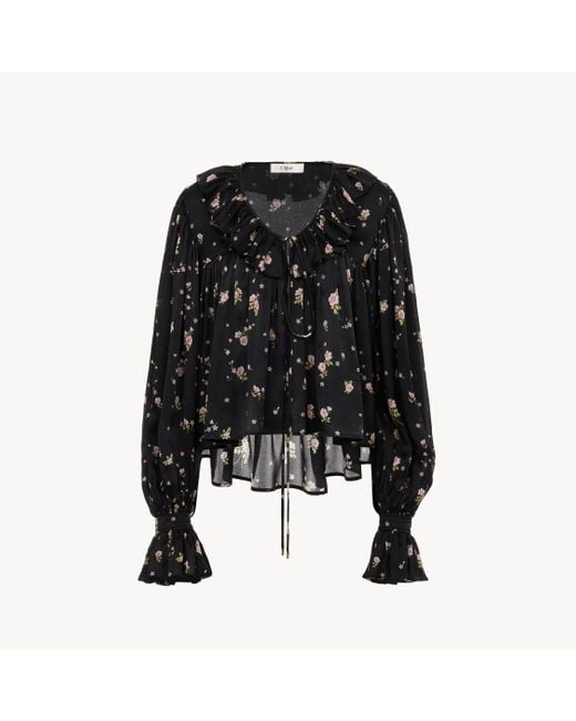 Chloé シルクシャルムーズ製マキシギャザー フリルトップス Black