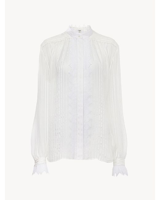 Blusa Fruncida De Muselina De Seda Y Encaje Blanco 100% Seda, Pinctada Maxima, Farmed, Coo Australia Chloé de color White