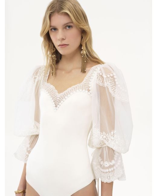 Chloé Puff-sleeve Bodysuit In Shiny Stretch Jersey & Lace in