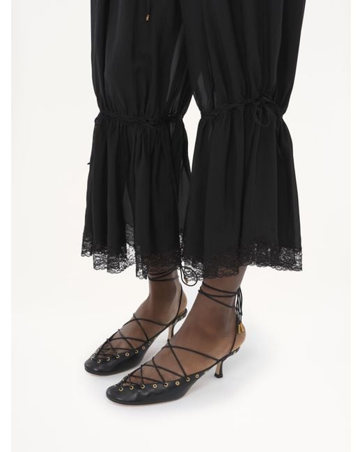 Chloé Black Fluid Cropped Pants In Silk Charmeuse & Lace