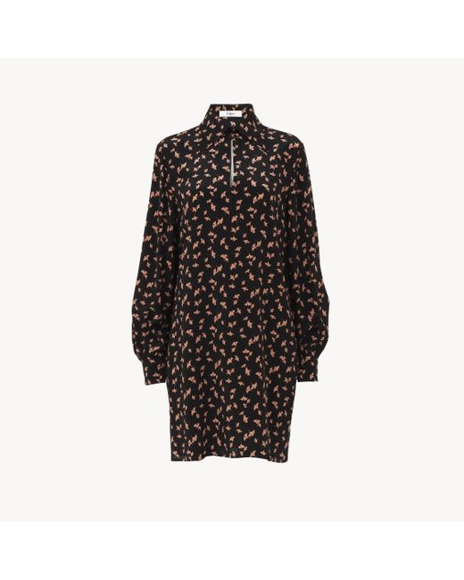 Chloé Black Long-sleeve Mini Dress In Printed Crêpe De Chine