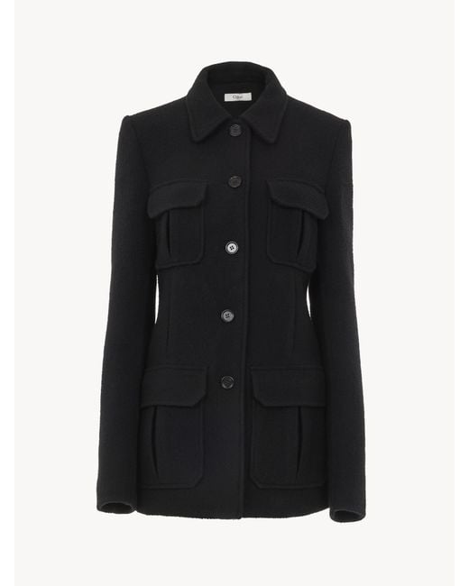 Chloé Long Officer Jacket In Bouclé Wool in Black | Lyst