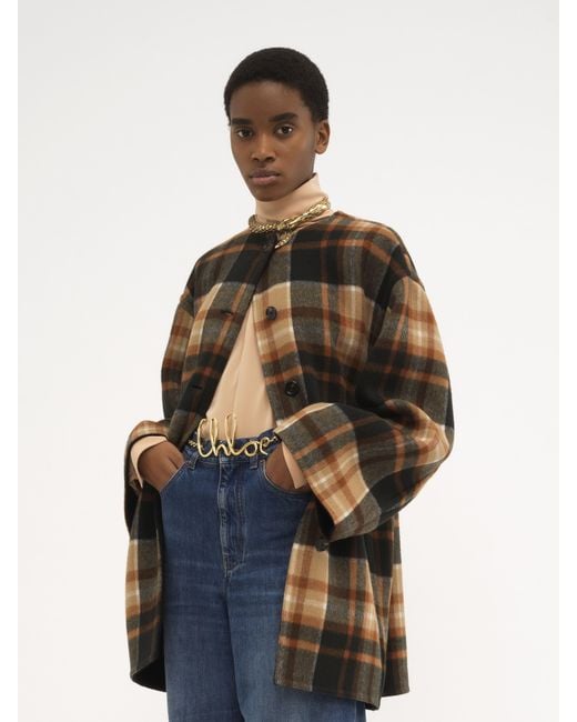 Chloé Blue Mid-length Coat In Checked Wool