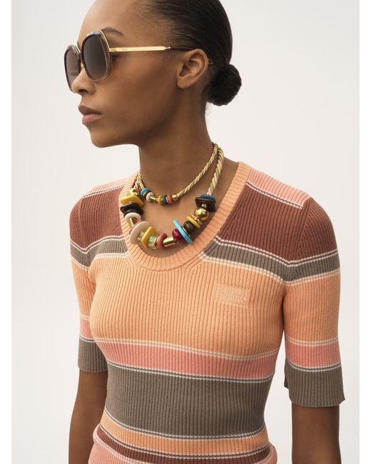 Chloé Natural Elbow-sleeve Fitted Logo Top In Cotton Knit