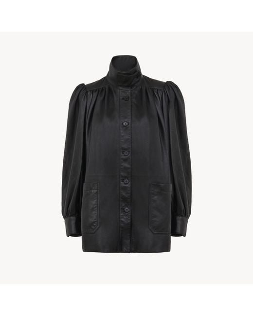 Chloé Black High-neck Gathered Coat In Leather